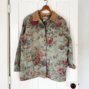 Coldwater Creek Sage Green Floral Cotton Button Down Chore Coat Size M